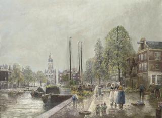 Hans Herrmann - A summer\'s day on the flowermarket with the Munttoren in the distance, Amsterdam