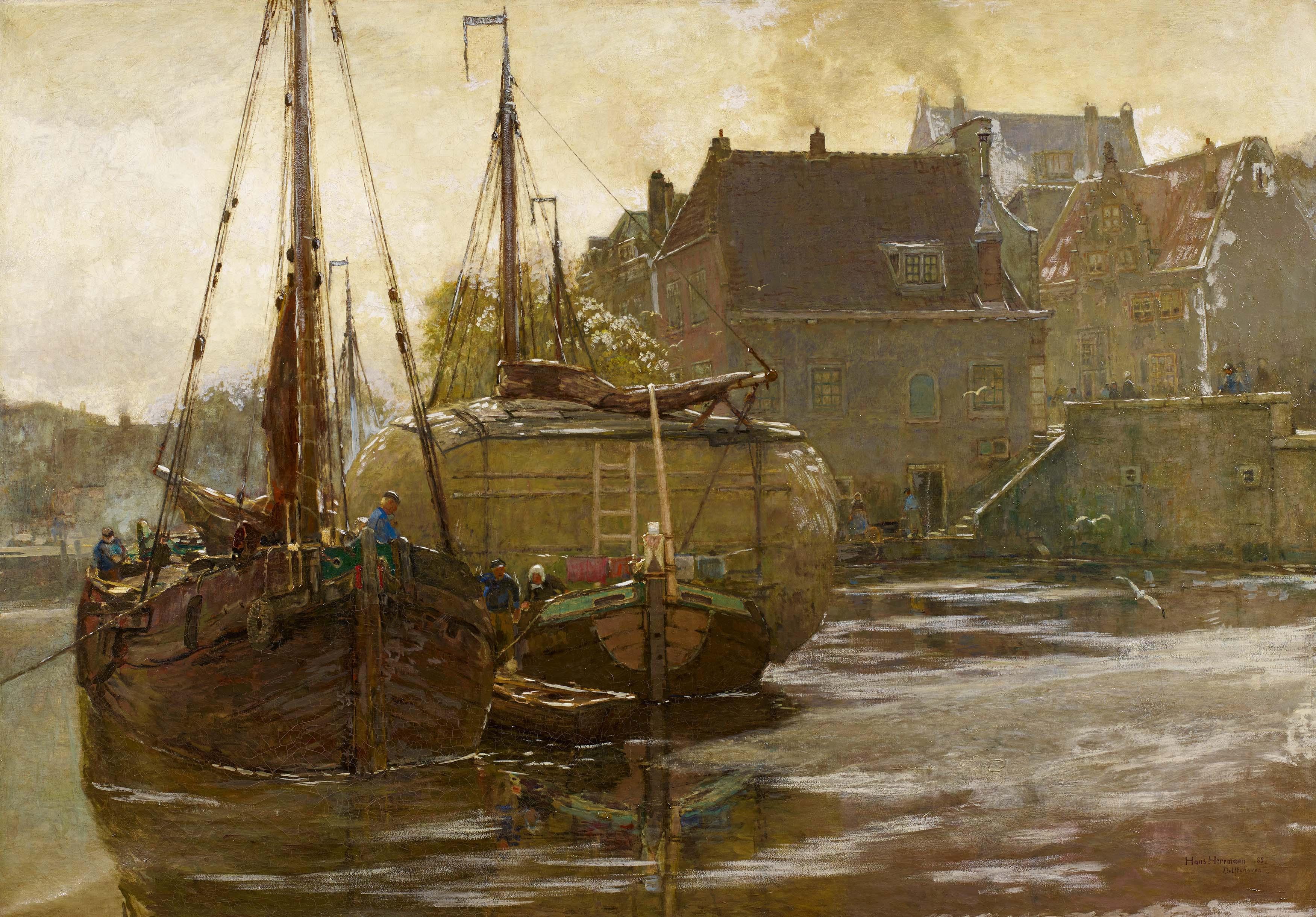 Hans Herrmann - Vor Anker liegende Segelboote in Delftshaven.