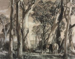Hans Heysen - Horses grazing under gum trees