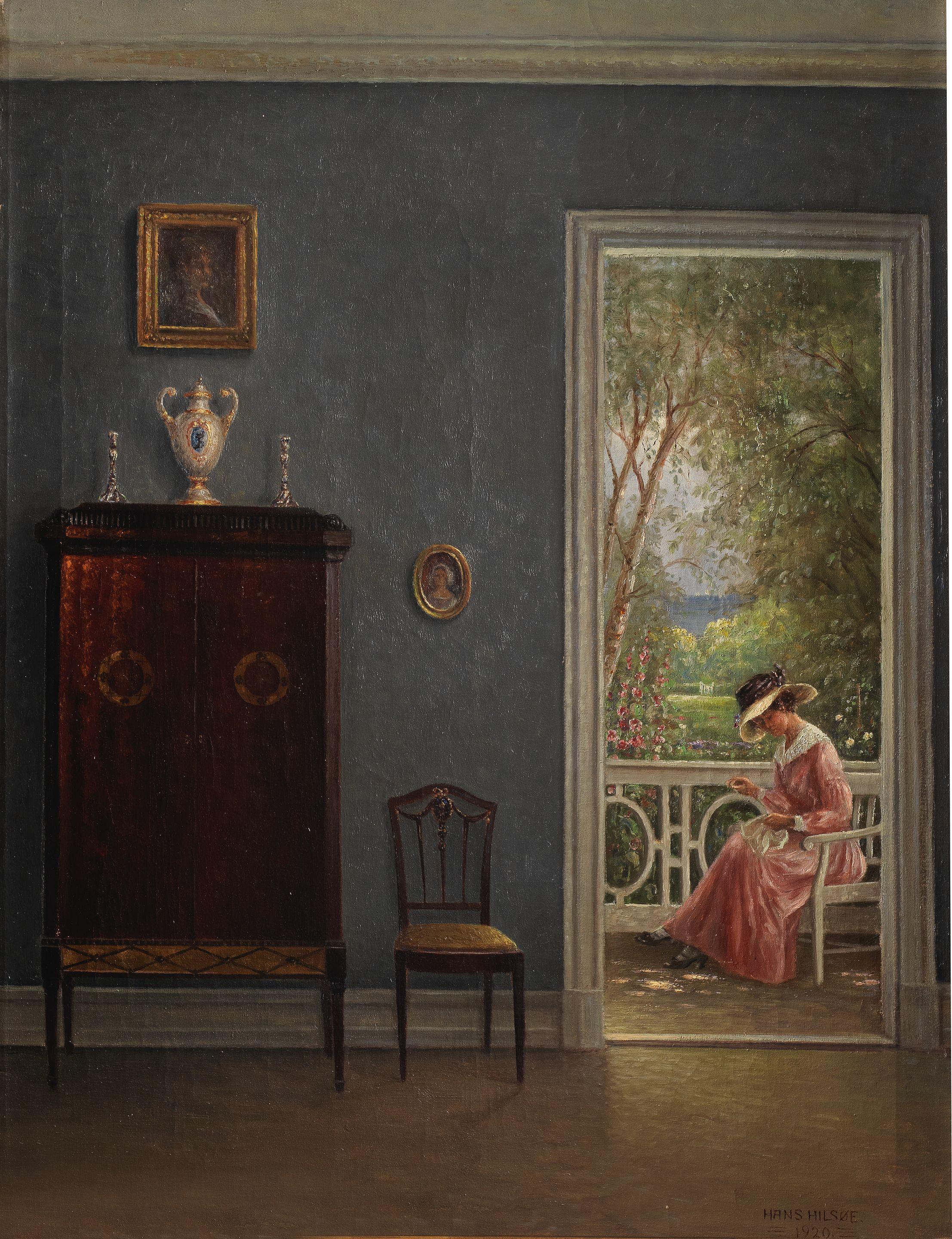 Hans Hilsoe - An elegant figure sewing on a terrace