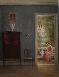 Hans Hilsoe - An elegant figure sewing on a terrace