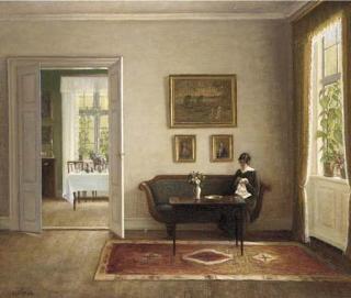 Hans Hilsøe - An interior with a lady sewing