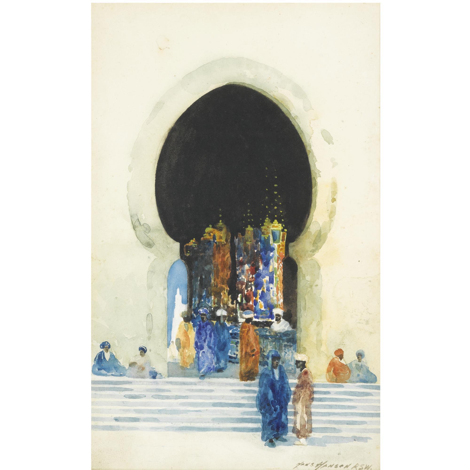 Hans Jacob Hansen - Catherdral Interior; Flower Market; Moorish Bazaar; Moroccan Street Scene; Bustling Street Scene; In The Bazaar