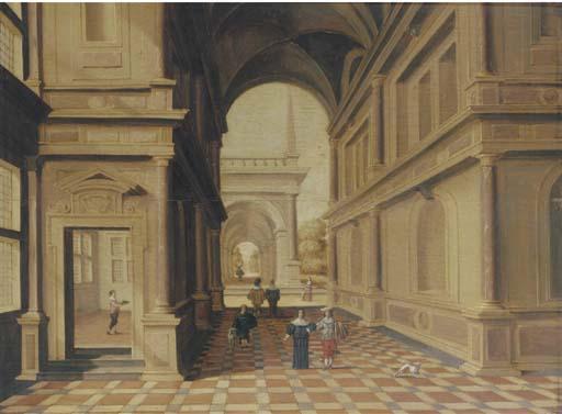 Hans Juriaensz. van Baden - A Fantastical Palace With Elegant Figures In A Portico