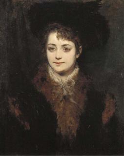 Hans Makart - Portrait of a lady in a black hat and a fur trimmed coat