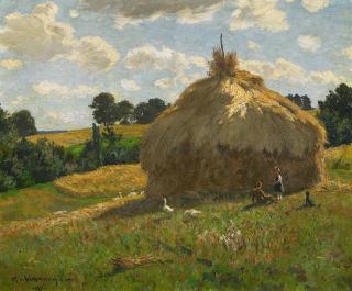 Hans Richard von Volkmann - Eine Heugarbe mit spielenden Kindern davor