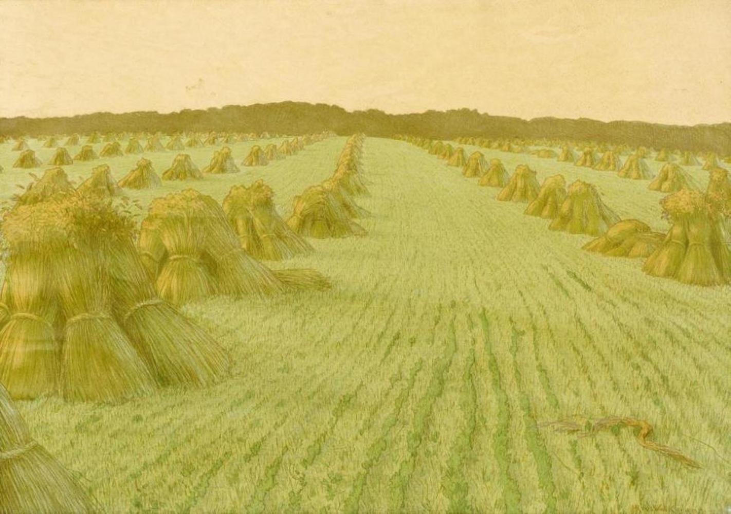 Hans Richard von Volkmann - Stoppelfeld mit Heugarben