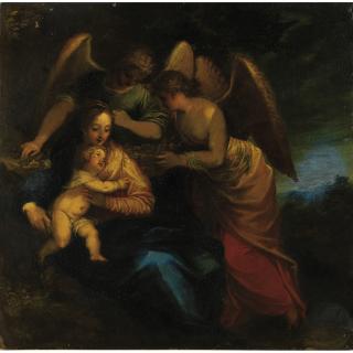 Hans Rottenhammer - La Vierge À L\'Enfant Servie Par Les Angeshans Rottenhammer ; Madonna And Child Surrounded By Angels ; Oil On Copper