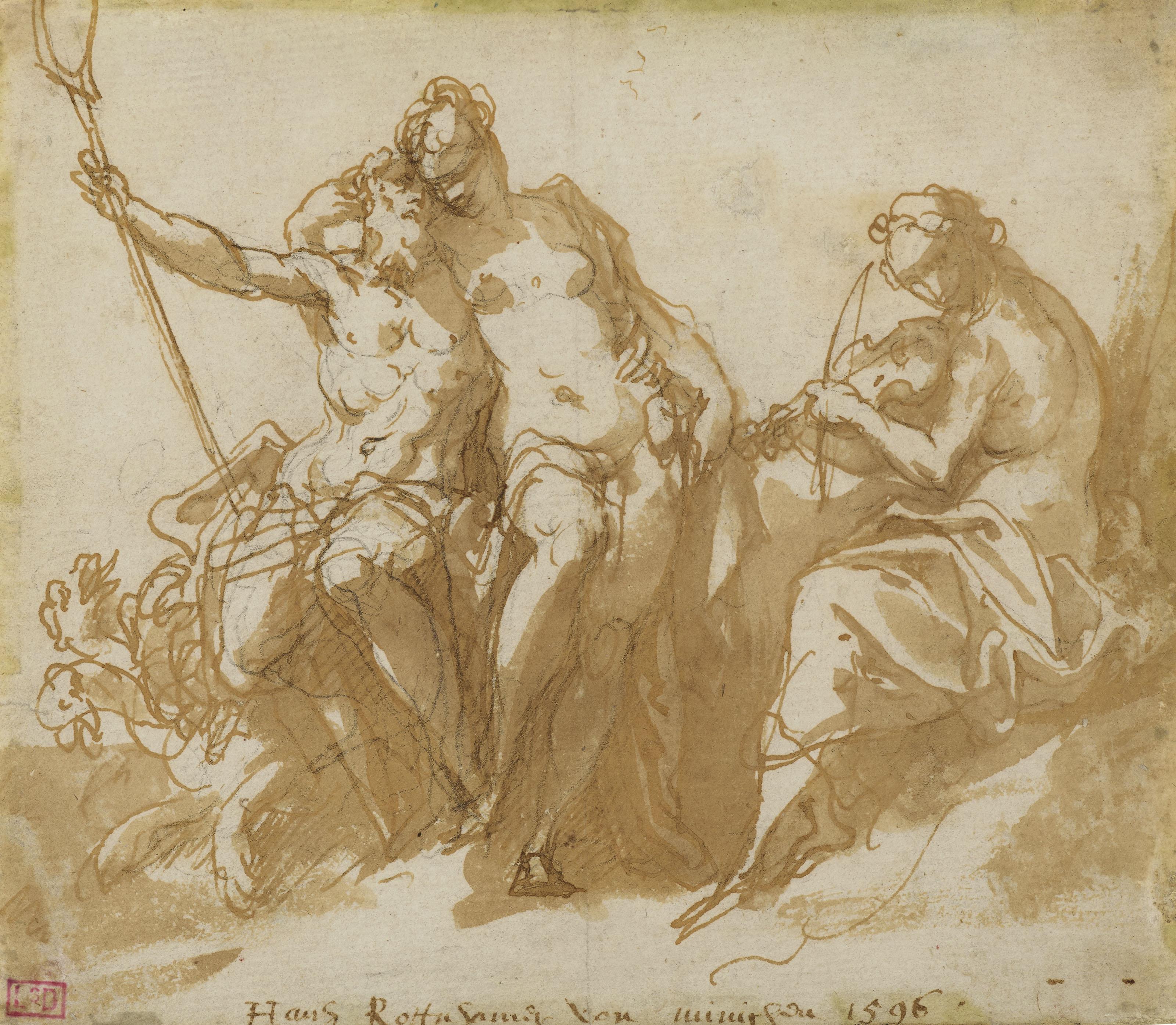 Hans Rottenhammer - Orphée jouant de la musique pour Pluton, Perséphone et Cerbère (recto); Étude de figures (verso)