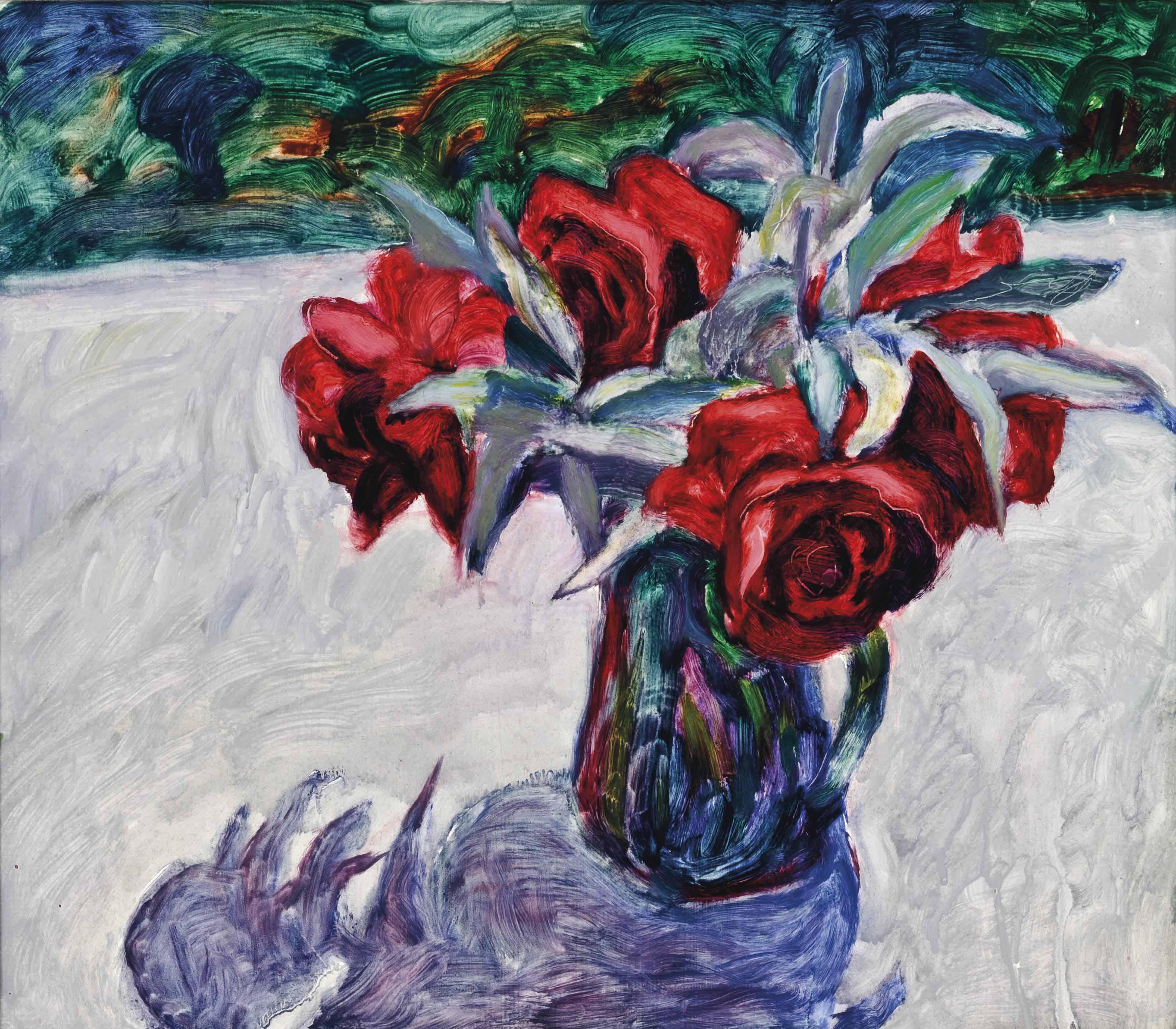 Hans Schwarz, N.E.A.C., R.W.S., R.B.A., - Roses in a blue jug
