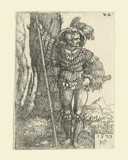 Hans Sebald Beham - Foot-Soldier standing by a Tree (B. 203, P., Holl. 206)