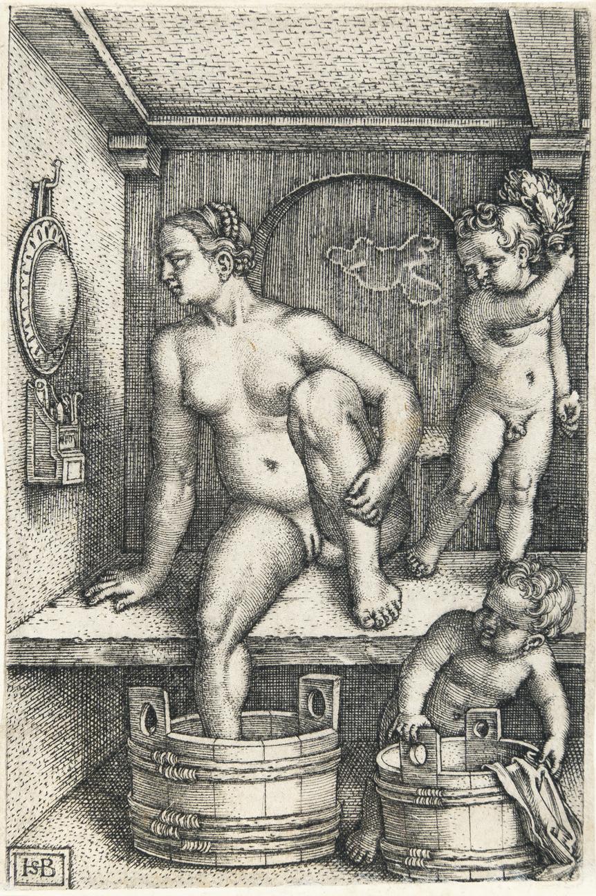 Hans Sebald Beham - Frau mit zwei Kindern in der Badestube