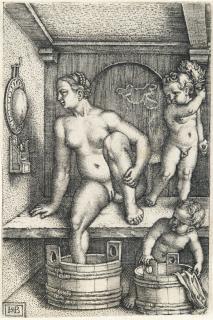 Hans Sebald Beham - Frau mit zwei Kindern in der Badestube