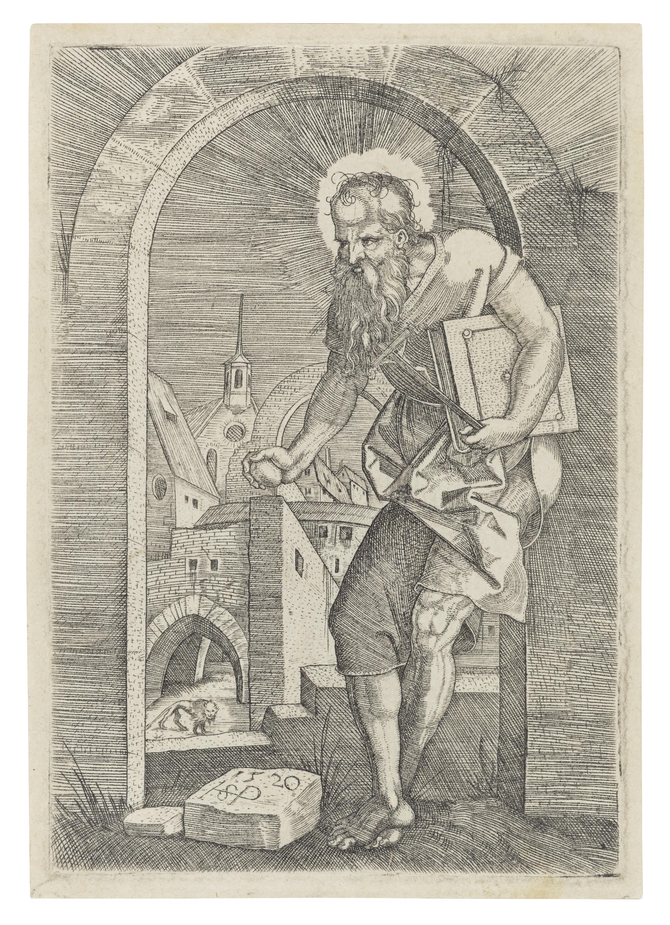 Hans Sebald Beham - Saint Jerome standing underneath an Arch