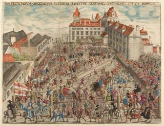 Hans Sebald Lautensack - Tafel IV des „Thurnier Buchs“: Das Turnier zu Pferd auf dem