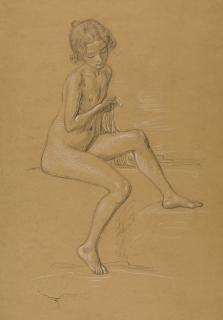 Hans Thoma - Sitzender Mädchenakt.