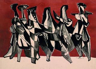 Hans Uhlmann - Ohne Titel (6 schwarze Figuren vor rotbraunem Grund)