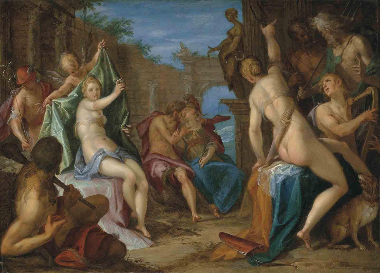 Hans von Aachen - An Assembly of the Gods, with Jupiter embracing Minerva, Venus confronting Diana observed by Hercules, Mercury, Cupid and Apollo, and Neptune and Hades conversing, in classical ruins