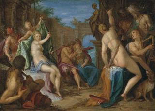 Hans von Aachen - An Assembly of the Gods, with Jupiter embracing Minerva, Venus confronting Diana observed by Hercules, Mercury, Cupid and Apollo, and Neptune and Hades conversing, in classical ruins