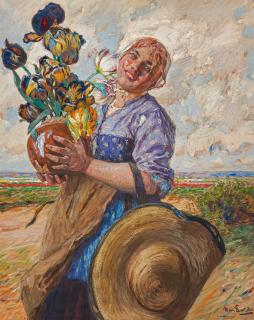 Hans von Bartels - Junge Holländerin mit einem Tulpenstrauß in den Dünen.