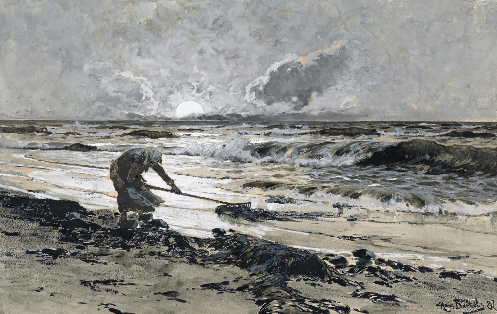 Hans von Bartels - Sonnenuntergang an der Küste. Fischersfrau mit Algenrechen.