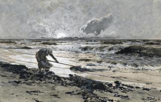 Hans von Bartels - Sonnenuntergang an der Küste. Fischersfrau mit Algenrechen.