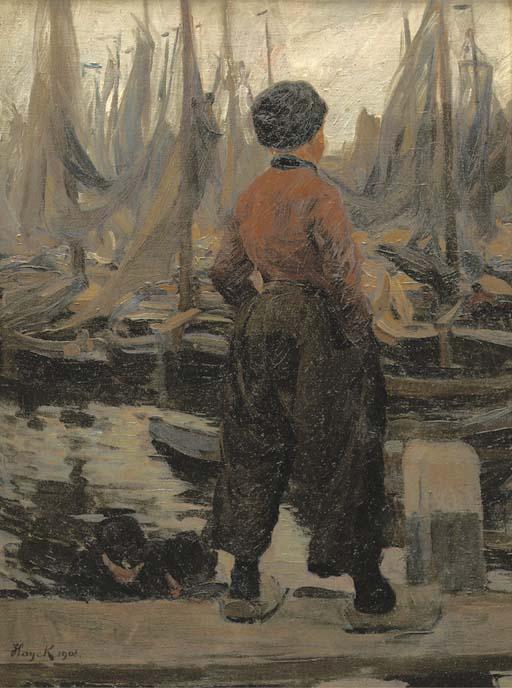 Hans Von Hayek - A Volendam fisherman looking over the harbour