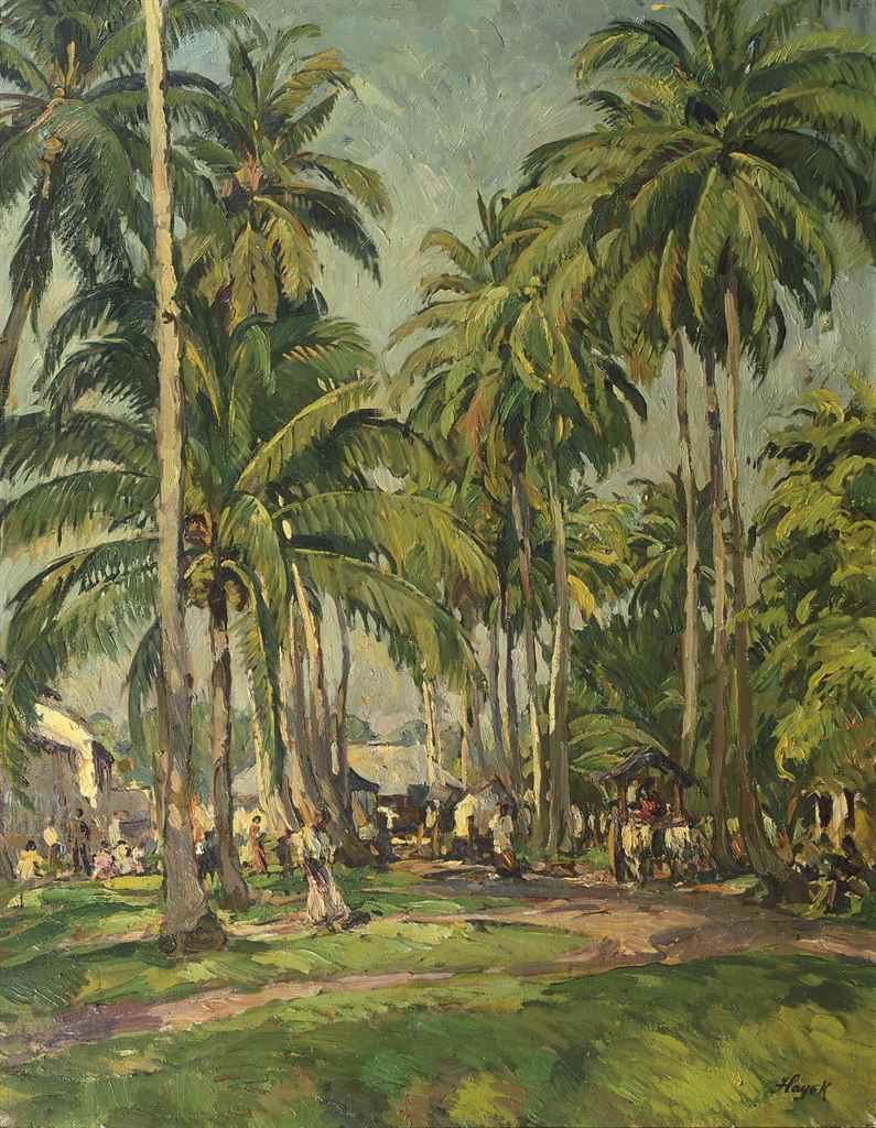 Hans von Hayek - Kampong with figures