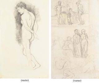 Hans Von Marées - A nude in profile to the left (recto); A study for Die Drei Männer and other figures (verso)
