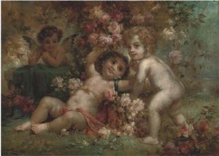 Hans Zatzka - Cherubs Disporting Amongst Spring Blooms