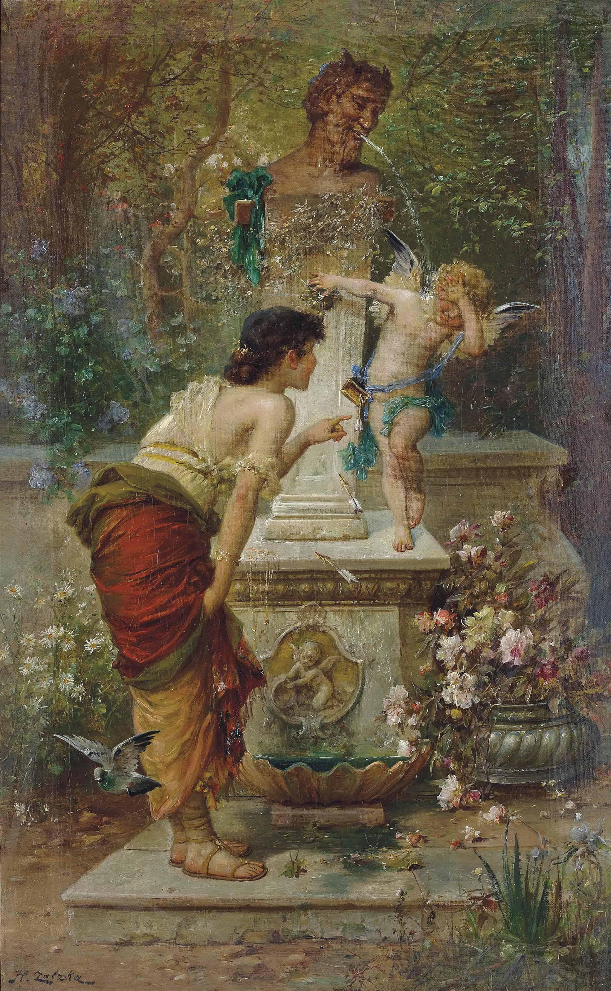Hans Zatzka - Cupid Plays At The Water Fountain