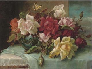 Hans Zatzka - Roses in an ornamental vase by a casement