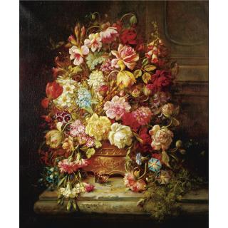 Hans Zatzka - Still Life With Flowers In A Jardiniere Resting On A Ledge
