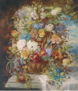 Hans Zatzka - Summer flowers on a ledge, a landscape beyond