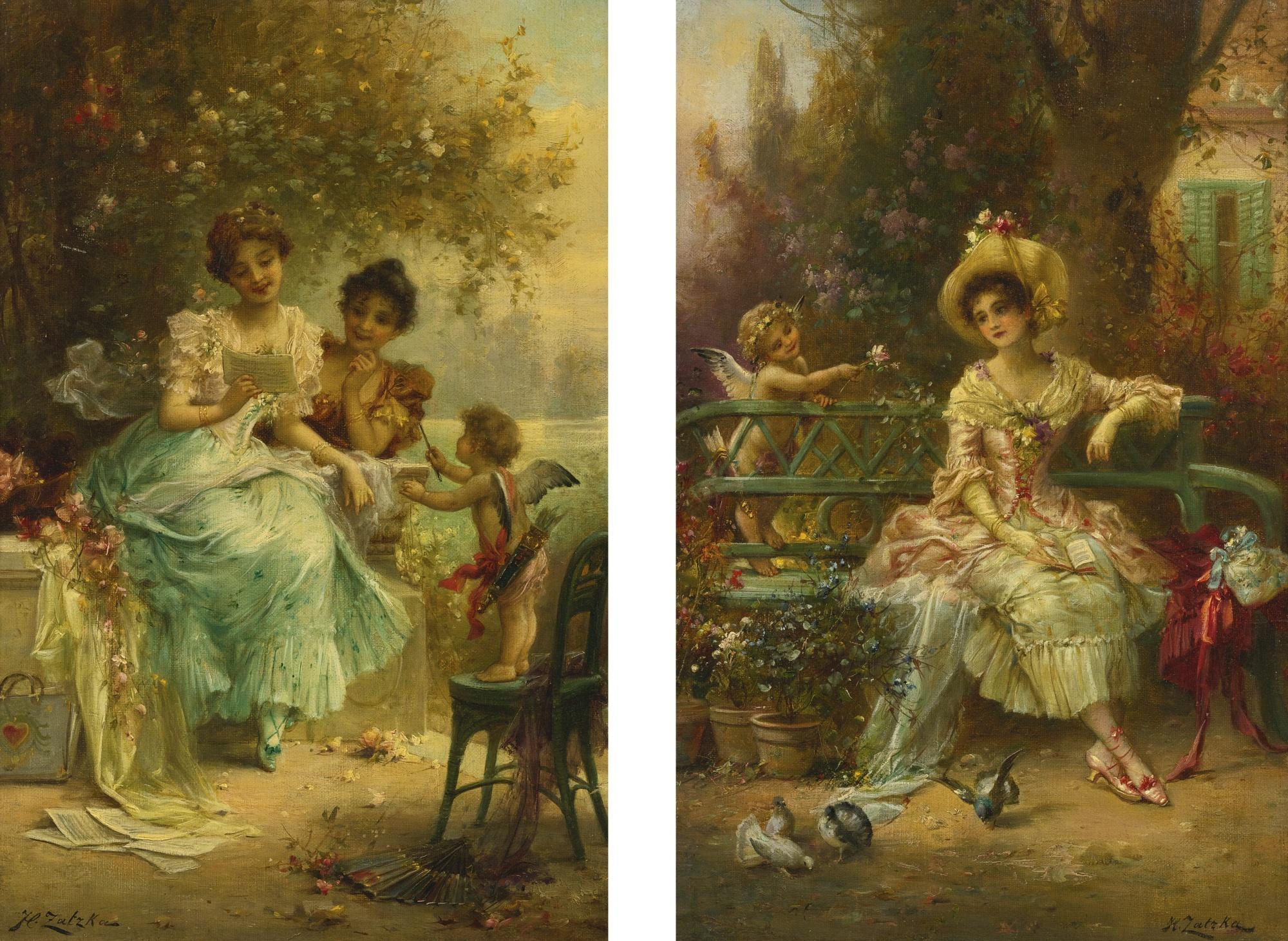 Hans Zatzka - The Love Letter And Thinking Of Him: Two Paintings
