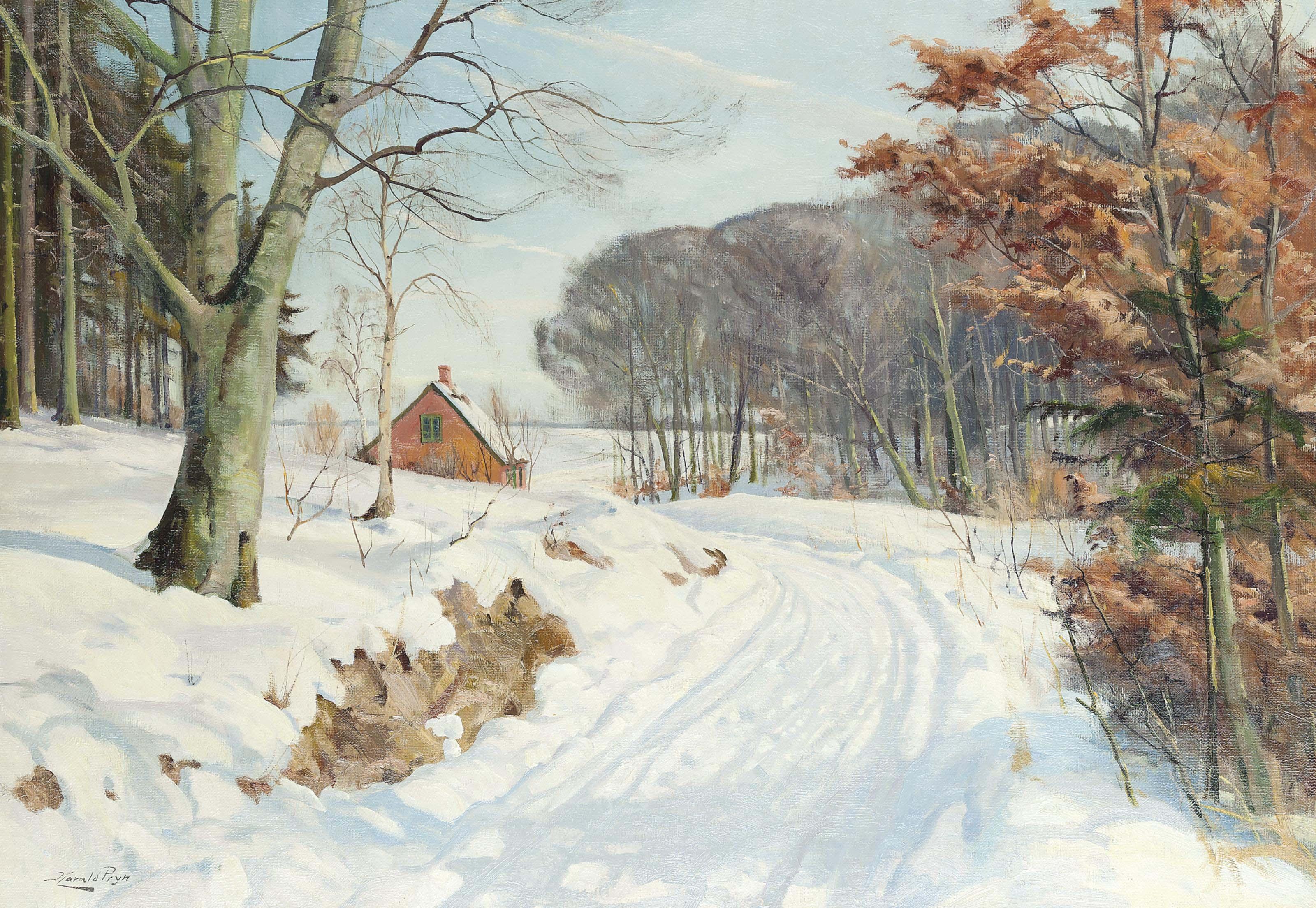 Harald Julius Niels Pryn - A Cottage On A Snowy Track; And Another Similar