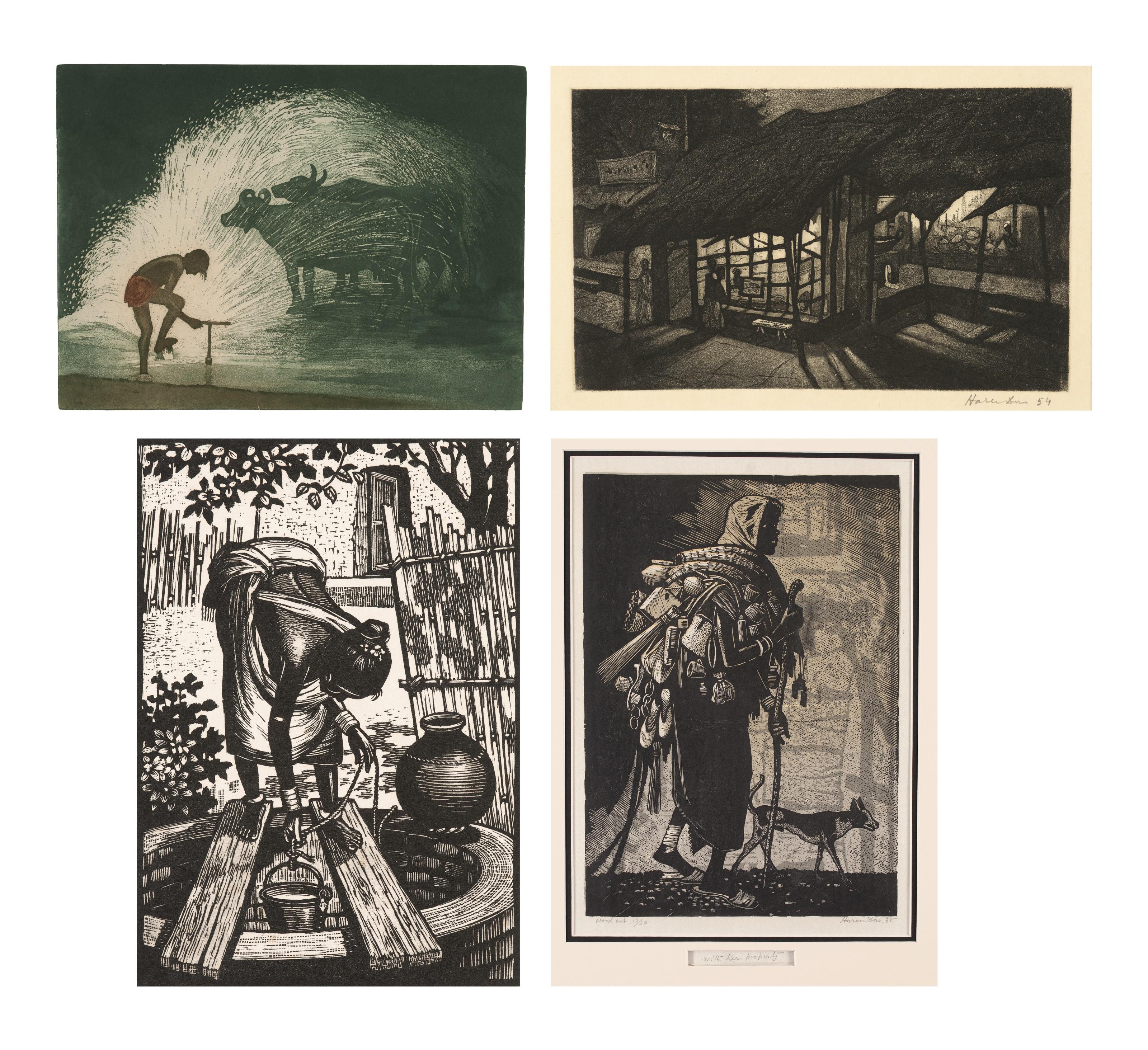Haren Das - Summer Bath; Untitled (Shop at Night); Woman at the Well; With her Property