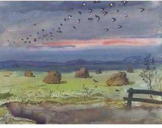 Harm Kamerlingh Onnes - Landscape with hay stacks and a flight of birds