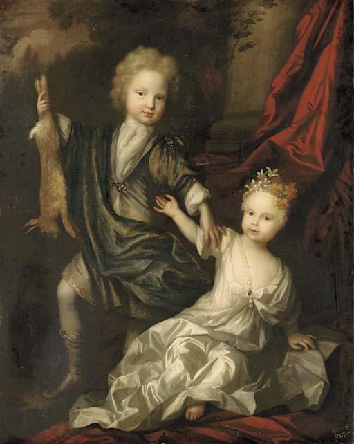 Harman Verelst - Double portrait of a boy and a girl of the Lister family, full-length, the boy holding a hare in his right hand, the girl in a white dress, with flowers in her hair, seated on a cushion, a red curtain and landscape beyond