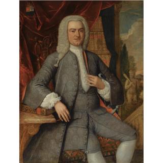 Harmanus Serin - Portrait Of Hubertus Snoeck (1703-1773), Seated Three-Quarter Length, In A Library, Wearing A Grey Suit With A White Chemise, A Classical Garden Beyond