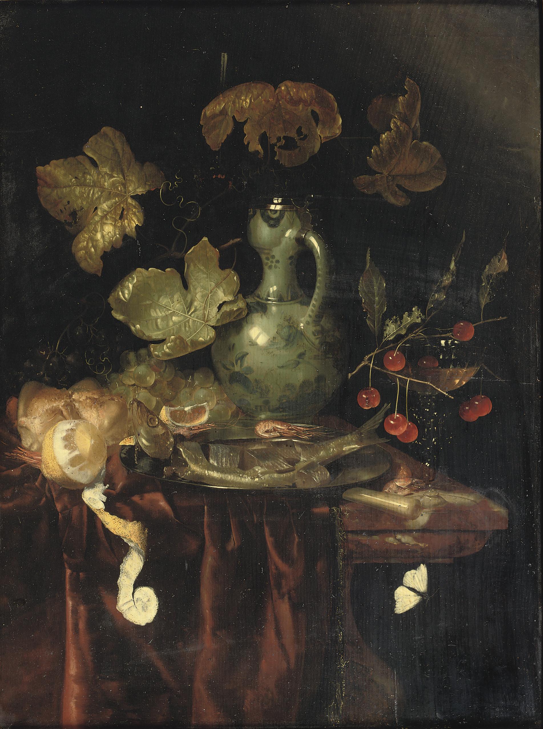 Harmen Loeding - A silver mounted \'Kendi\', a peeled lemon, a roll of bread, black and white grapes, a silver dish with a cut herring and a glass of white wine with cherries, all on a partially draped marble table