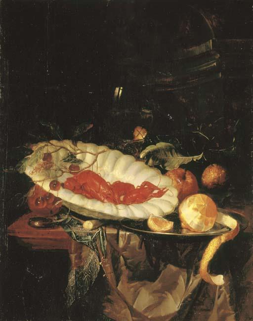 Harmen Loeding - Lobsters and cherries in a porcelain bowl, a partly-peeled lemon on a pewter platter, a small silver box, a roemer and oranges on a partly-draped table ledge
