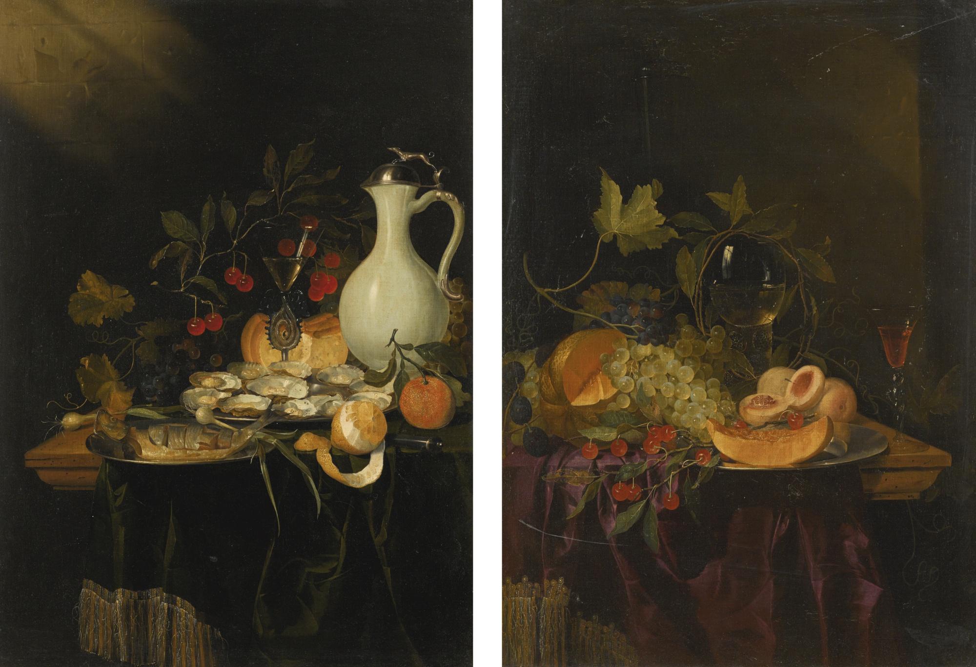 Harmen Loeding - Still Life Of Oysters And A Fish, A Peeled Lemon, Cherries, A Façon De Venise Glass And A Mounted Faience Jug On A Partially-Draped Table; Still Life Of A Melon, Grapes, Peaches And A Glass Roemer On A Partially-Draped Table