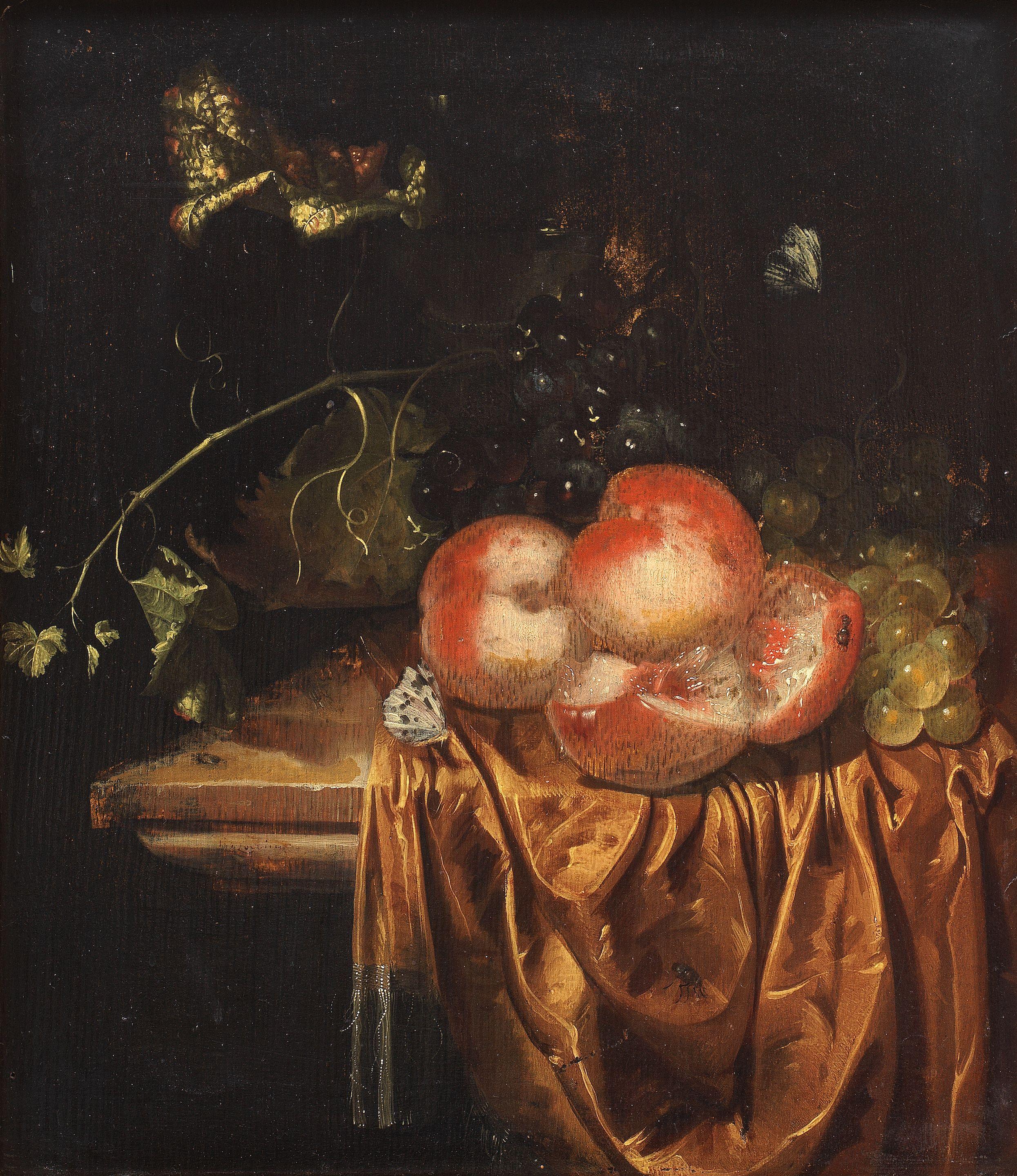 Harmen Loeding - Still life of peaches and grapes with a roemer on a draped ledge