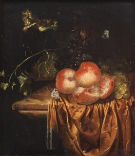 Harmen Loeding - Still life of peaches and grapes with a roemer on a draped ledge