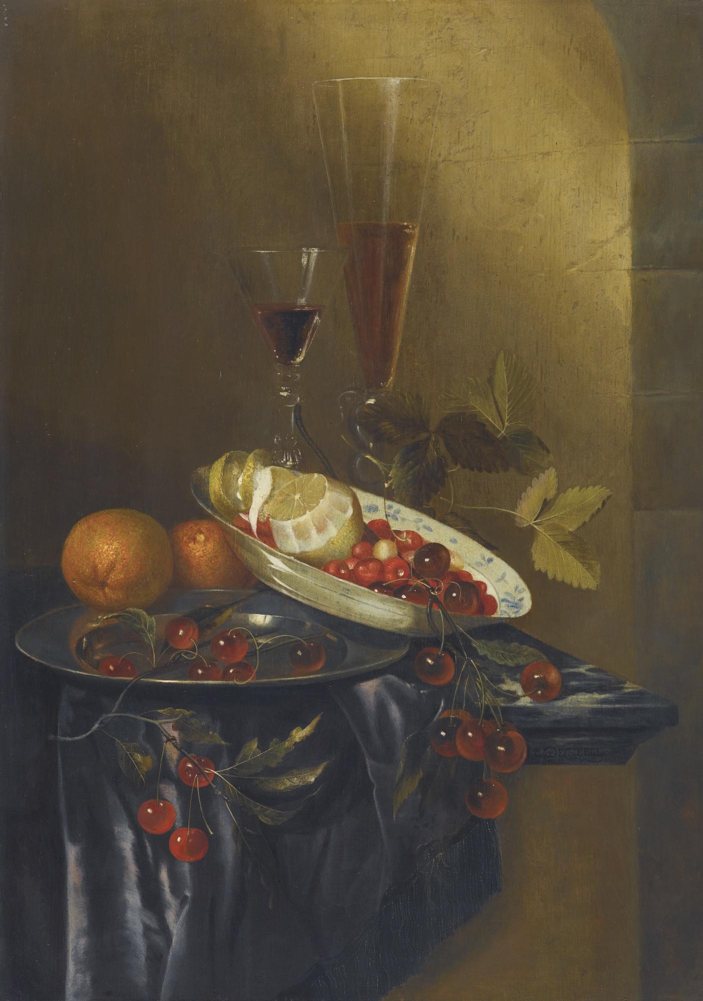 Harmen Loeding - Still Life With Cherries, Lemons, Fraises-De-Bois, Oranges And Two Fine Wine Glasses, All Upon A Marble Table Partly Draped With A Silk Cloth