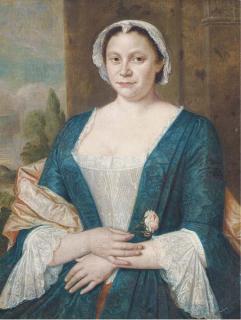 Harmen Serin - Portrait of a lady, half-length, in a blue and white dress with a pink shawl and white cap, a rose in her right hand, a landscape beyond