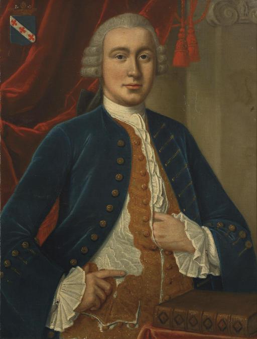 Harmen Serin - Portrait of Jan de la Bassecourt (1696-1753), half-length, in a gold brocaded waistcoat and blue coat, standing near a table with a book