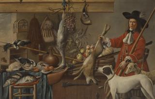 Harmen Steenwijck - A huntsman holding a dead hare, with his two dogs, next to a partially draped ledge with birds, fruit and hunting paraphernalia, and a stool laden with fish