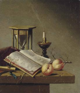 Harmen Steenwijck - An Hourglass, Flute, Open Book, Candle And Peaches On A Wooden Ledge